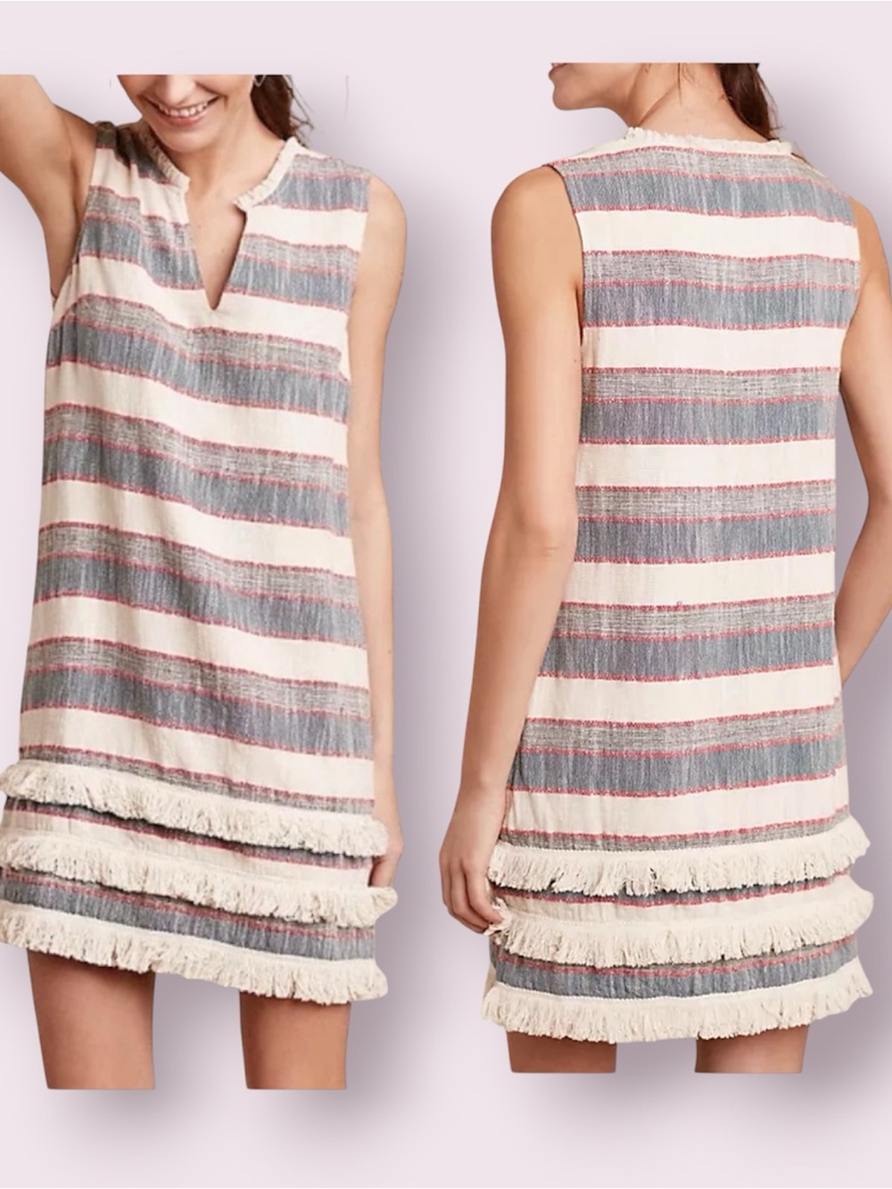 Anthropologie Holding Horses Fringe Striped Shift Dress Blue & White Size 0